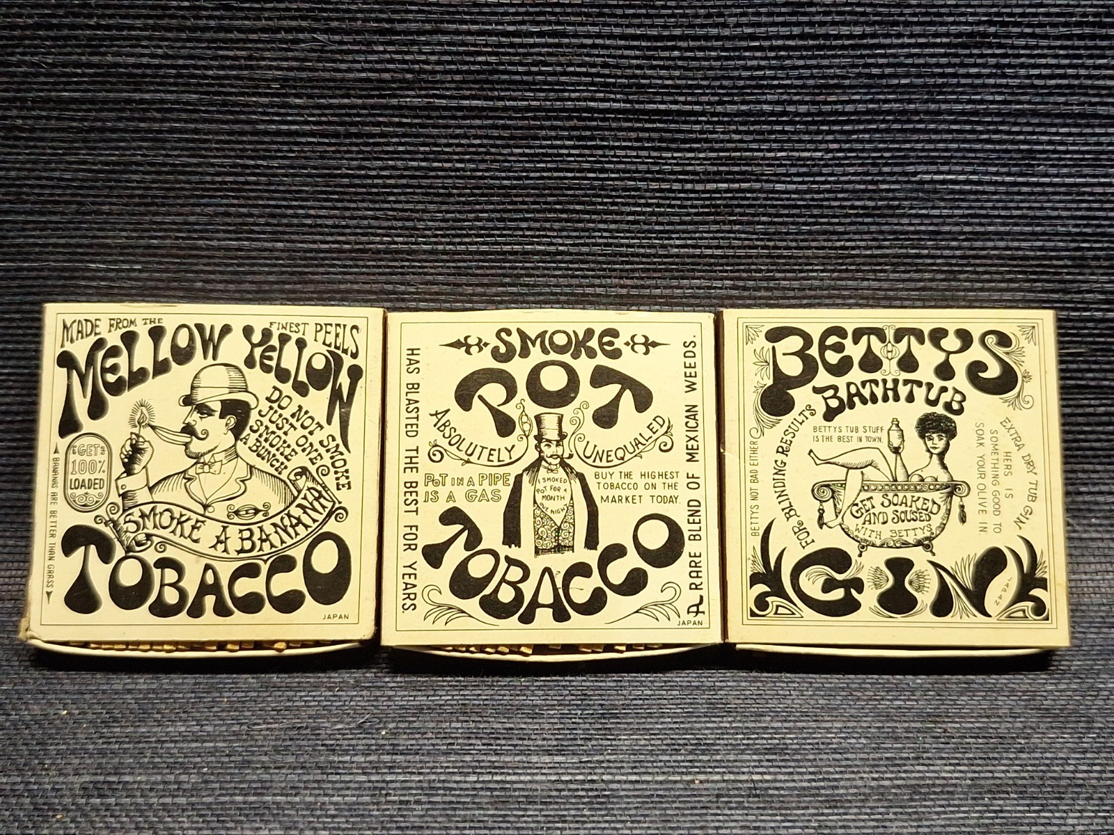 Rare Mellow Yellow Smoke A Banana, Bettys Bathtub Japan Matchboxes Lot Of 3