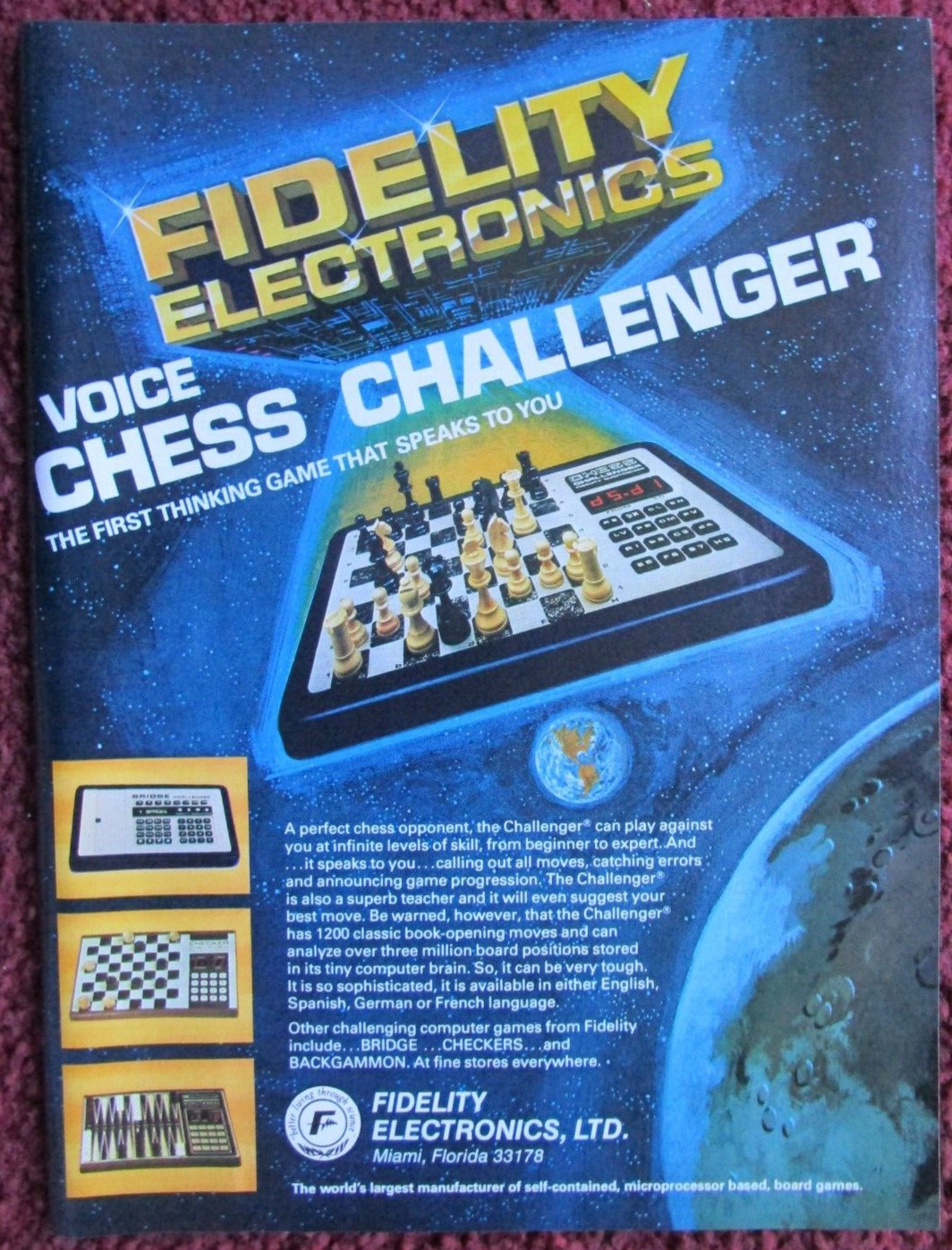 1979 FIDELITY Electronics Voice Chess Challenge Print Ad ~ Electronic Chess Game
