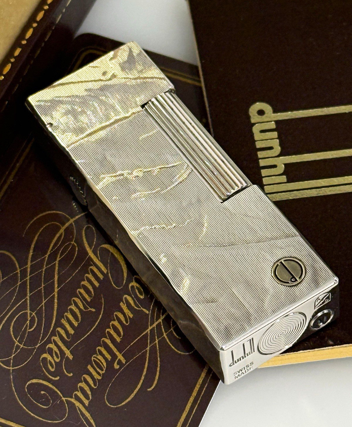 Vintage Dunhill Rollagas Silver Plated Textured Pattern Lighter W/ Box & Papers