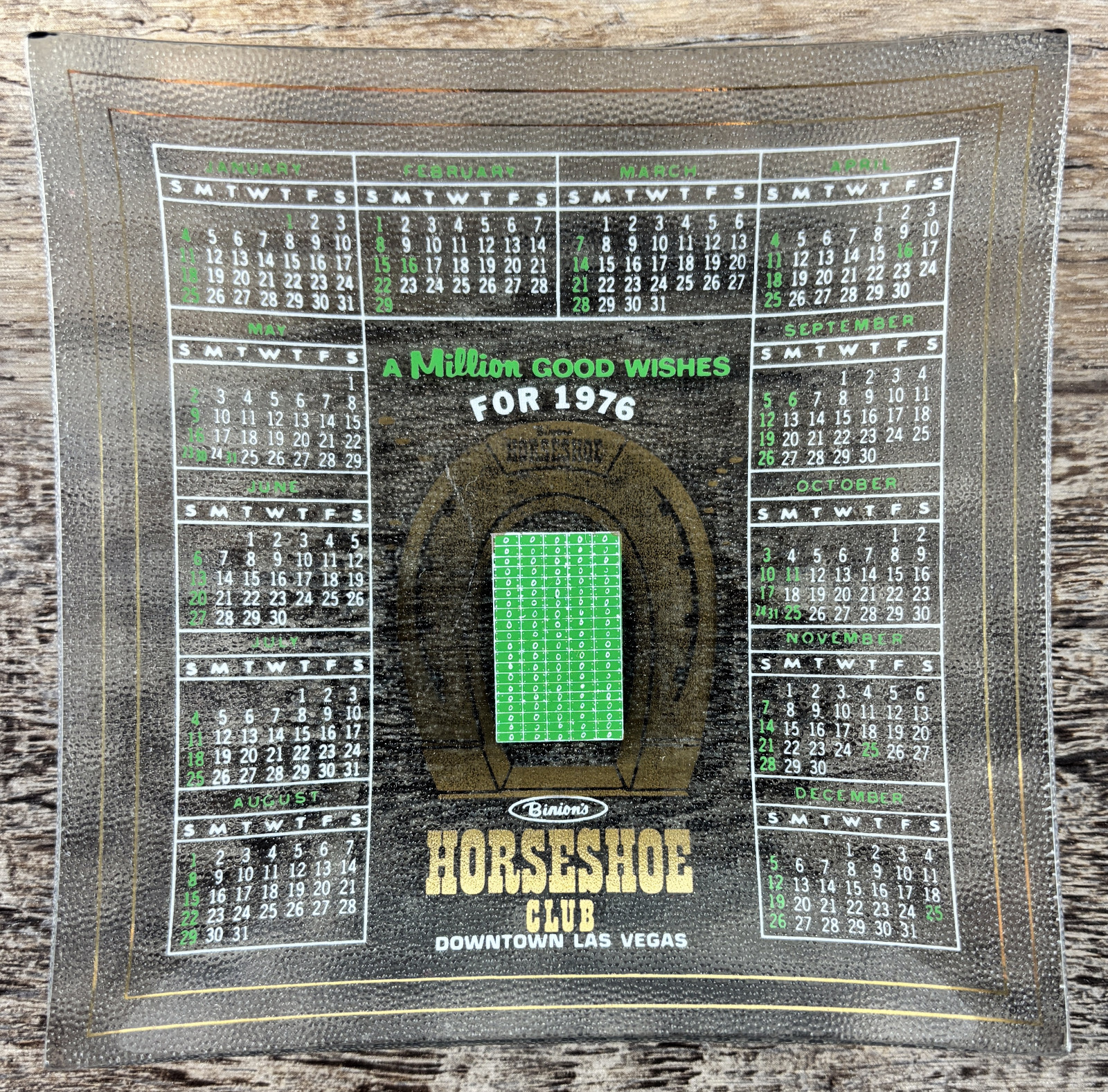 Binions Horseshoe Club Ashtray 1976 Calendar Las Vegas Downtown Glass Vintage