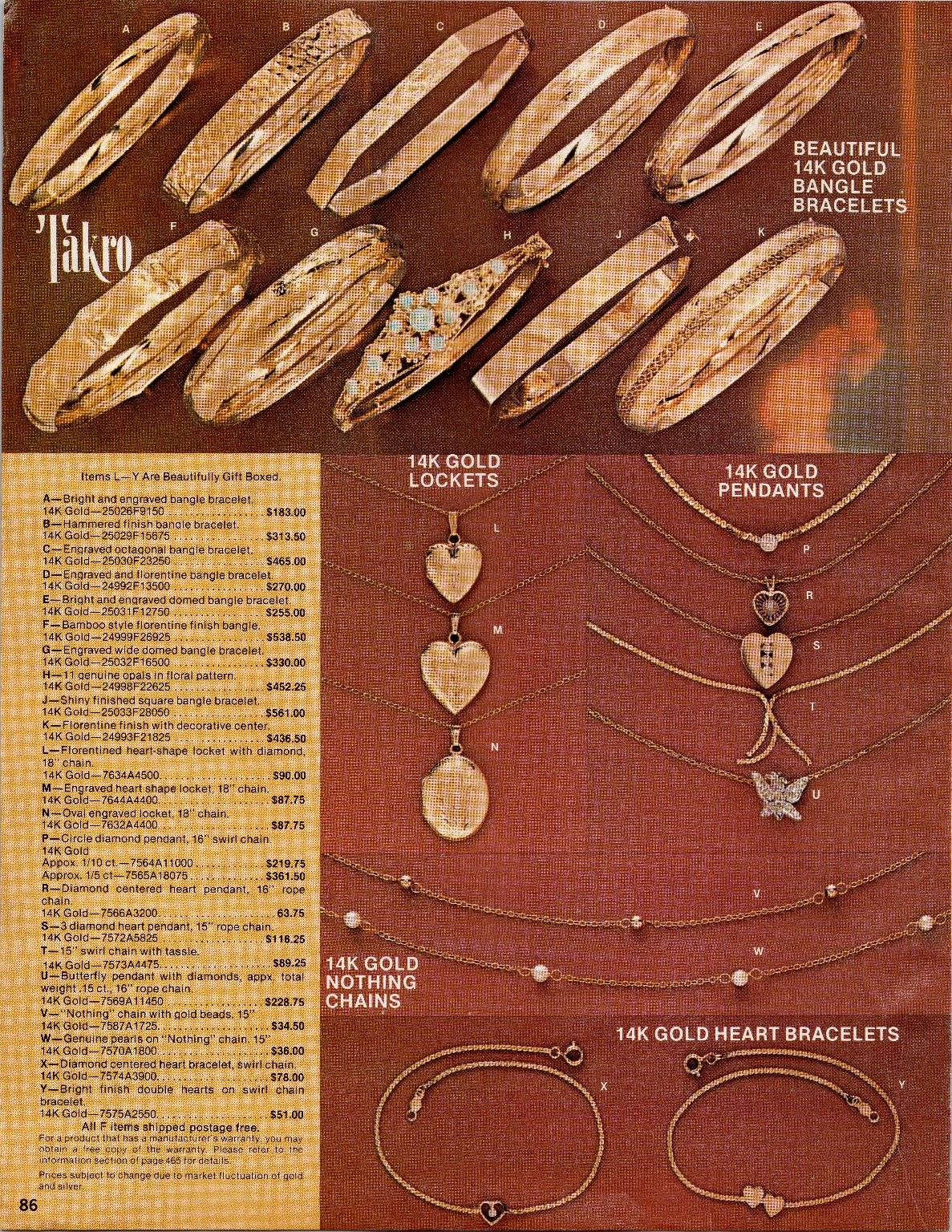 Takro 1970s 14K Gold Jewelry Catalog Ad Page Vintage Bracelets Pendants