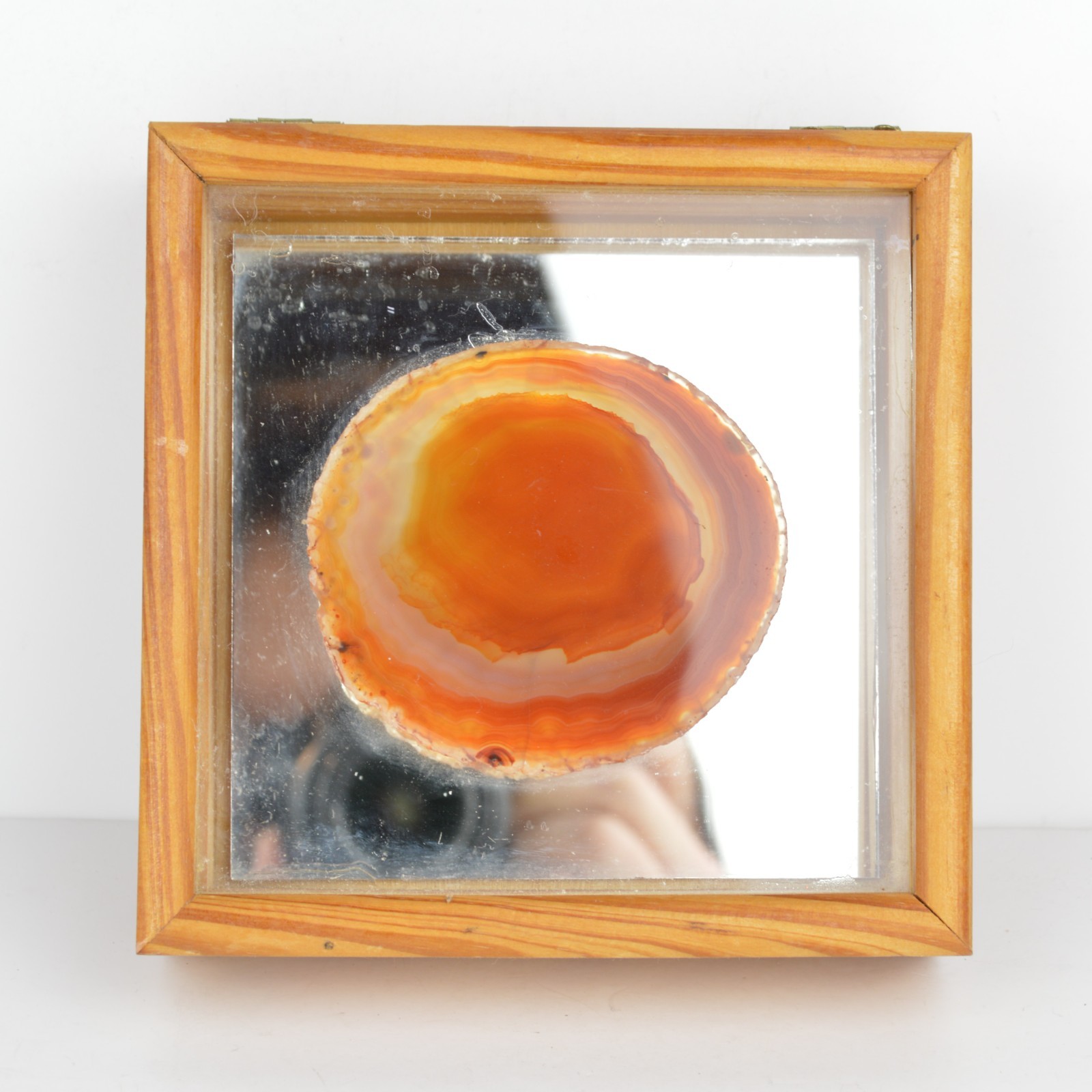 Vintage Agate Wooden Trinket Box Mirrored Jewelry Case Magnetic Closure 5x5x1.5