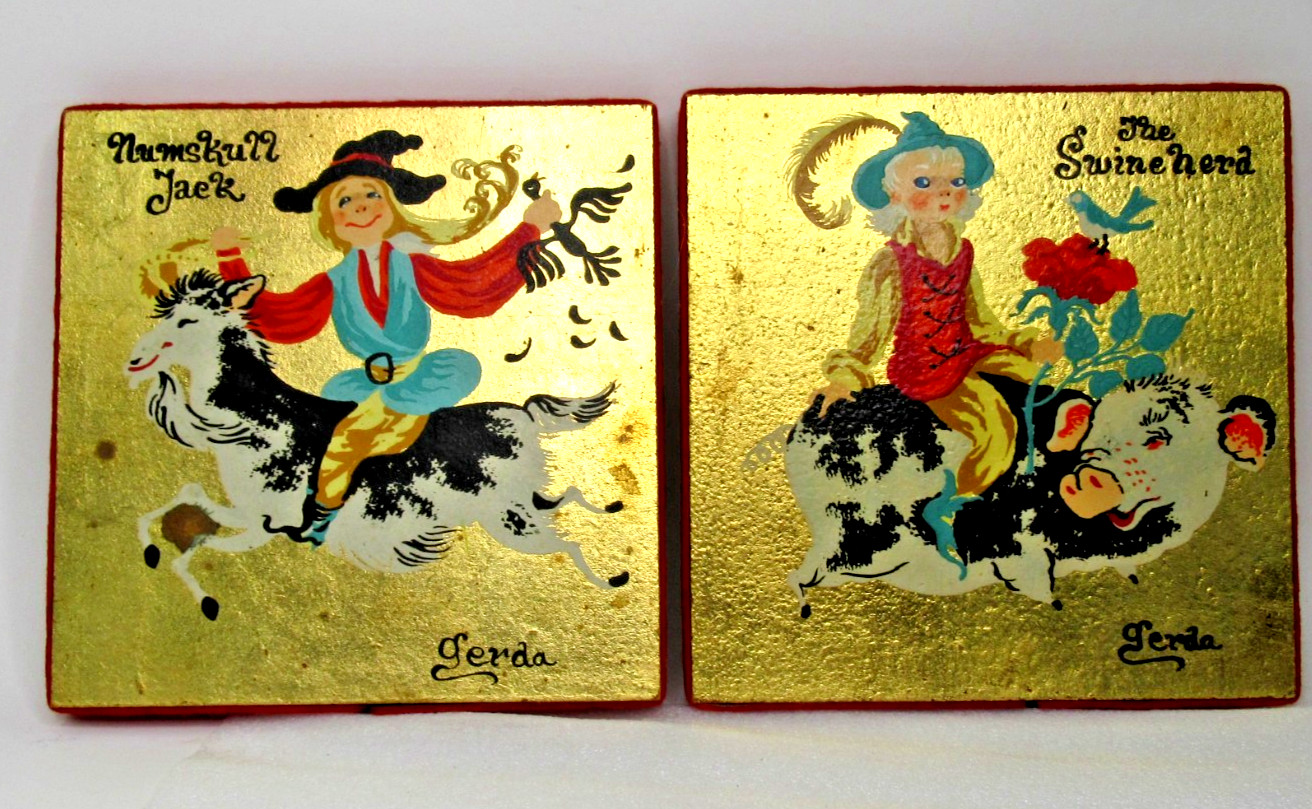 2 Vtg Turner Accessories Gerda 60s wall plaques Swineherd & Numskull Jack childs
