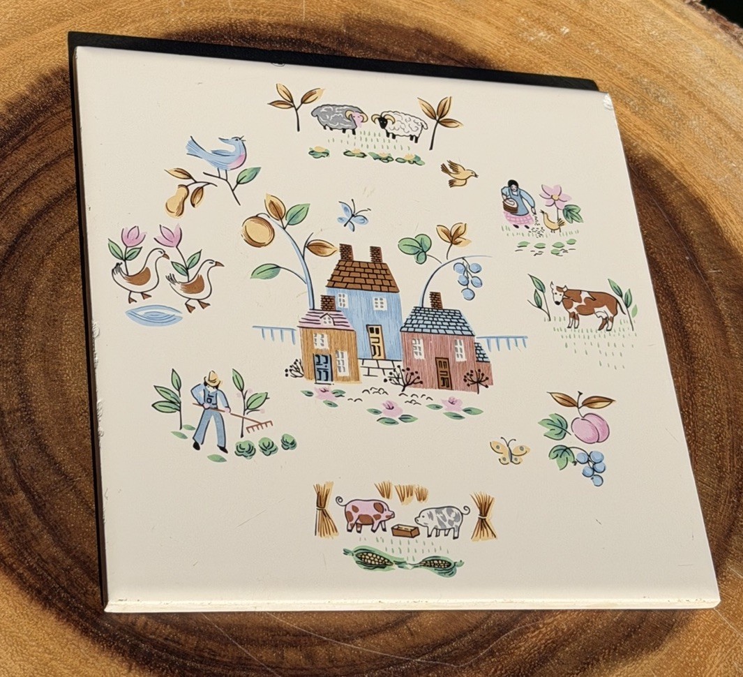 Vintage Heartland Ceramic Tile Trivet Insert 6” Cottage Farm