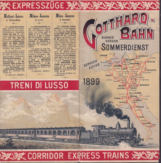 Gotthard-Bahn RR Summer Season timetable 1899 +route map Express & Luxury trains