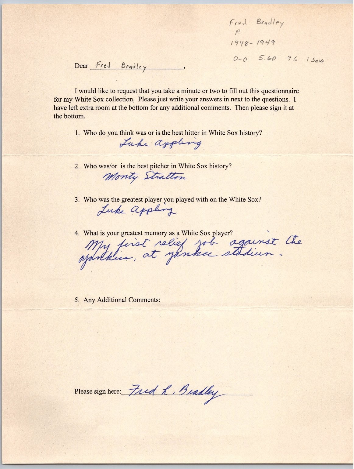Fred L Bradley Autograph White Sox Questionnaire 1948-49 MLB Baseball Letter