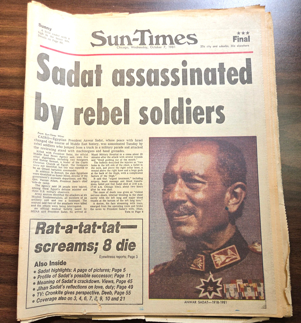 Chicago Sun Times Oct 7, 1981-Anwar Sadat passing-full newspaper