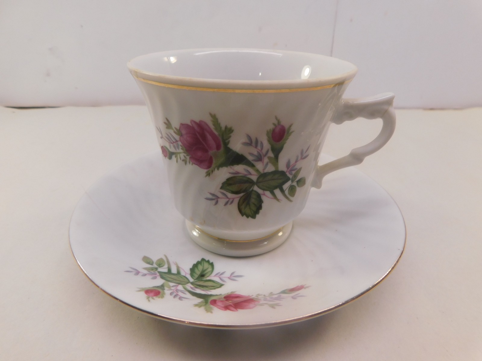 Vintage China Cup & Saucer Set  Pink Roses  Floral Gold Trim