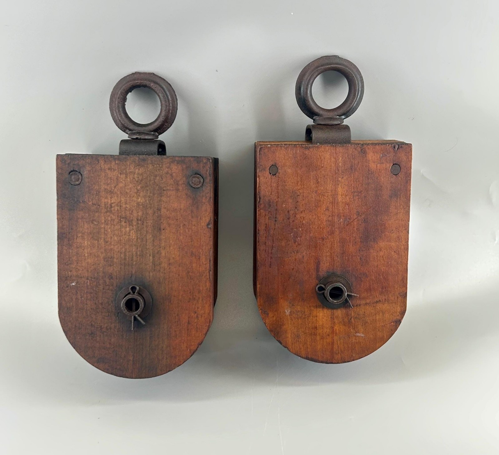 Antique Wooden Barn Pulley Blocks Pair Iron Swivel Eye Hay Farm Farmhouse Decor