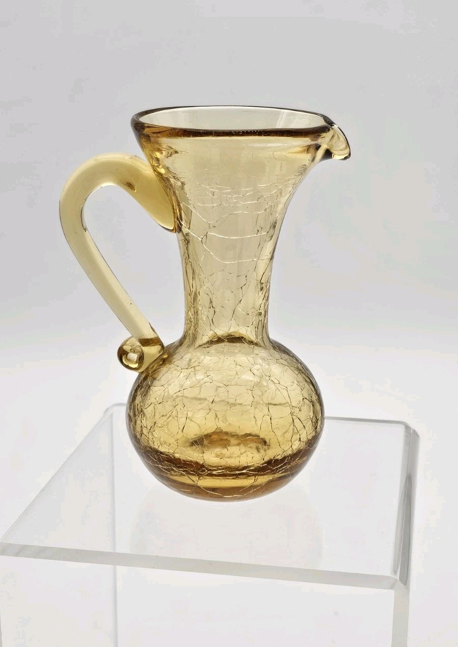 Vintage Amber Blown Glass Crackle Pitcher,Vase Applied Handle Mid Century Modern