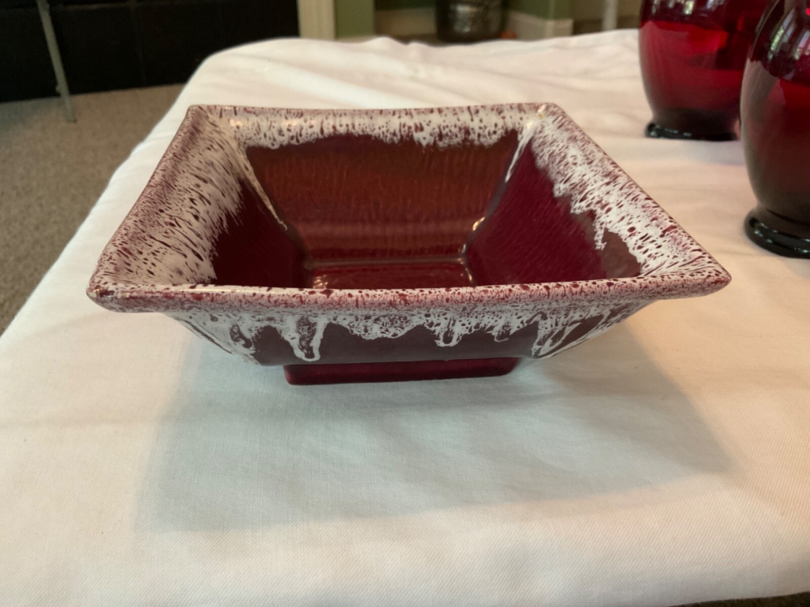 Vintage Shiny Square Red/Brown Pottery Planter/Bowl Brown Drip Glazed
