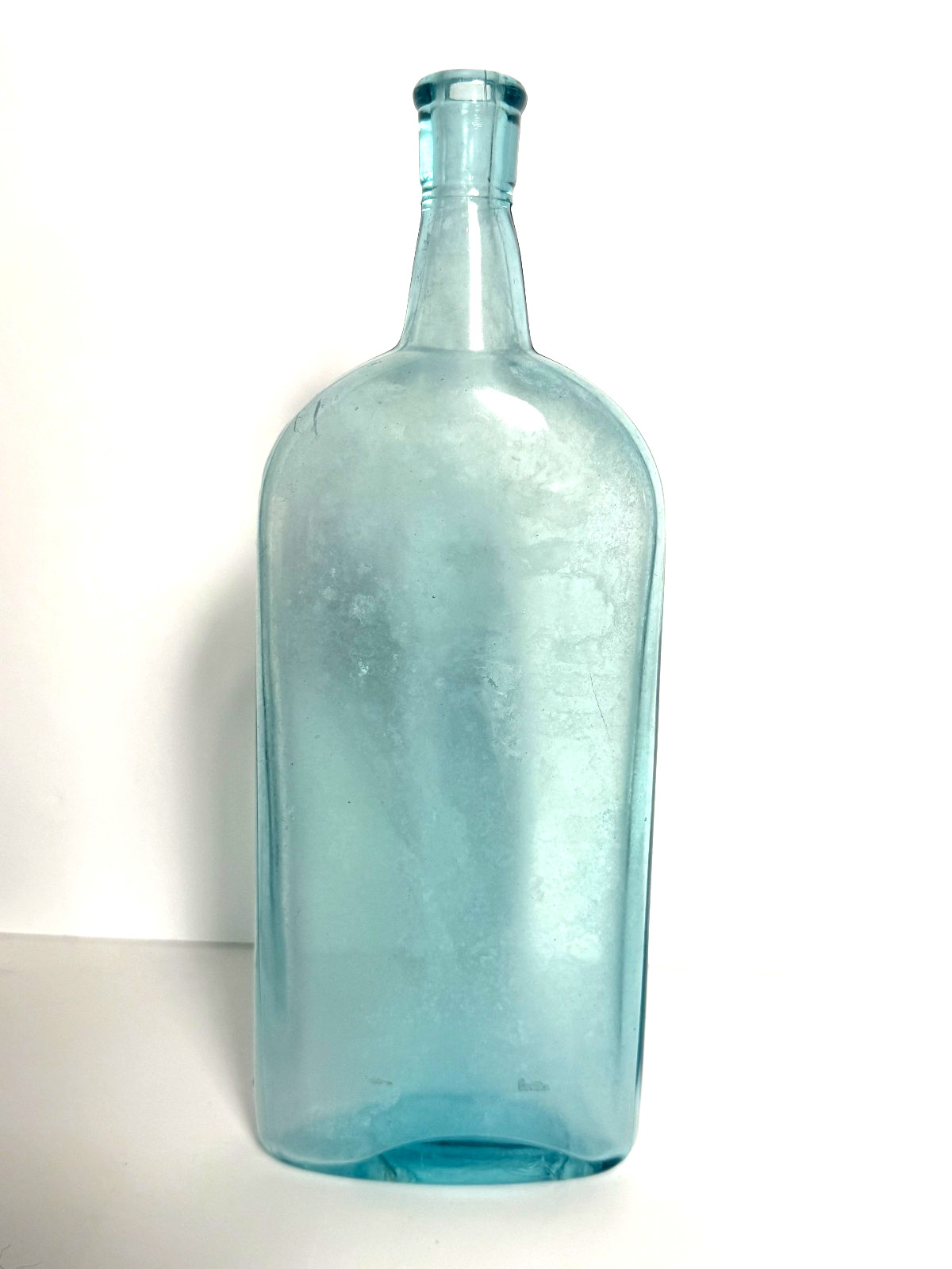 Antique c1900 Aqua Blue Glass Liquor Flask Bottle Mouth Blown Applied Lip 9\