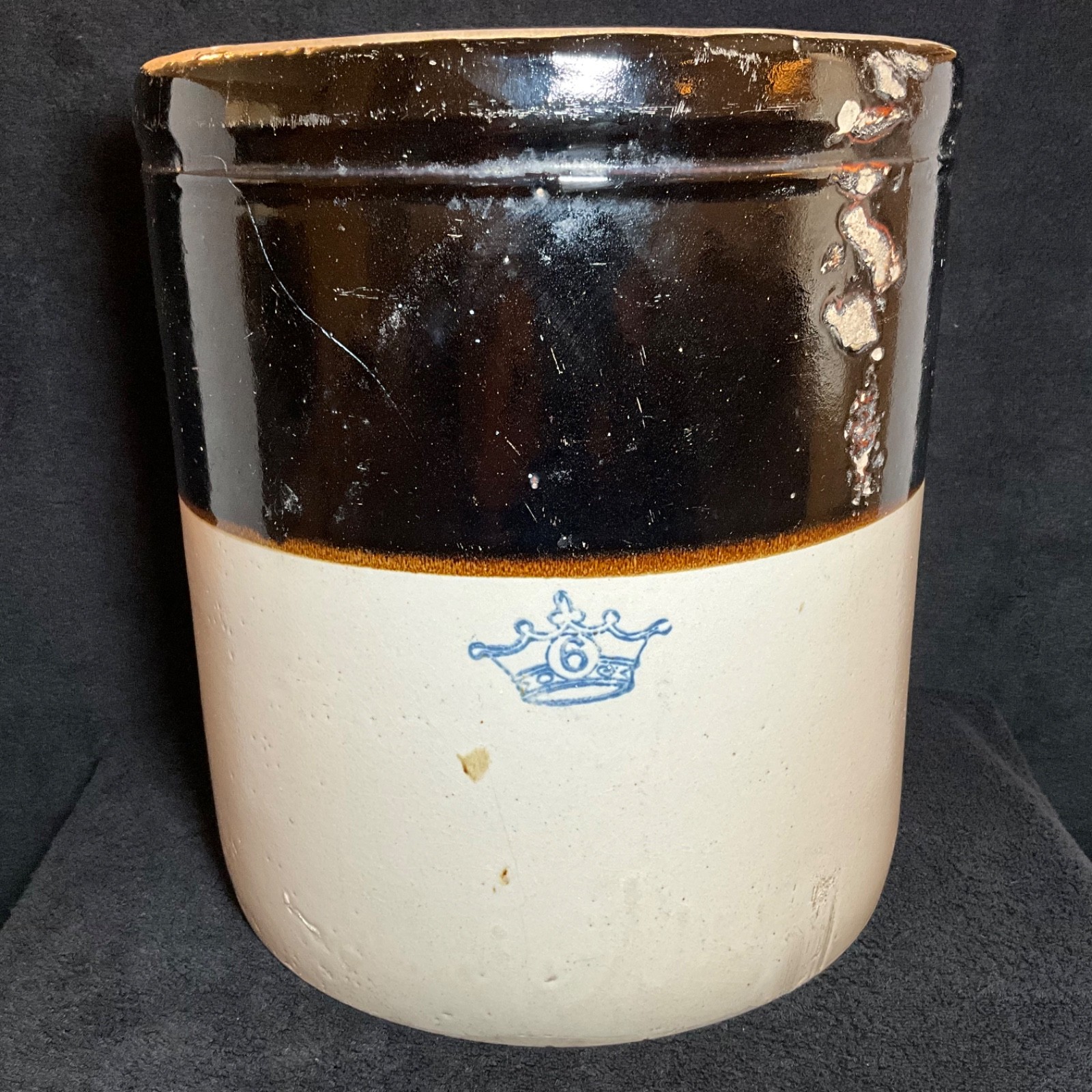 Antique Robinson Ransbottom 6G Blue Cobalt Crown Stoneware Crock