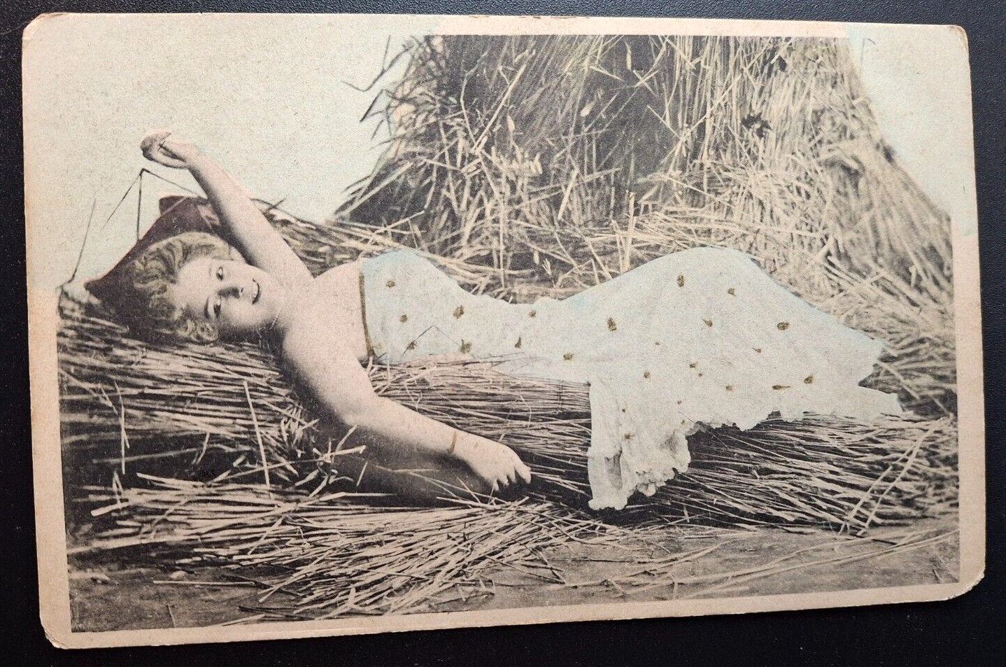 Pretty Edwardian Lady Posting in the Hay Postcard circa 1905