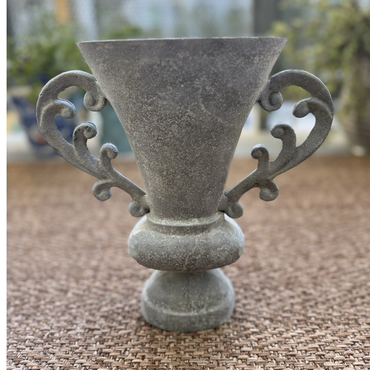 Anthropologie Gray Classic  Vase Ornate Scroll Handles Distressed Finish
