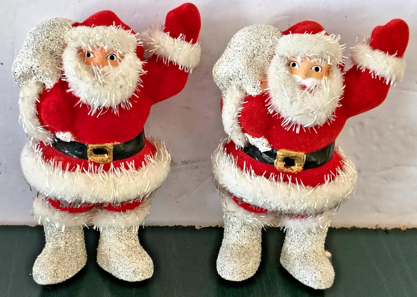 (2) Vintage 1950's Putz Mica Tinsel Flocked Santa Claus Figure 5“ Inches  Japan