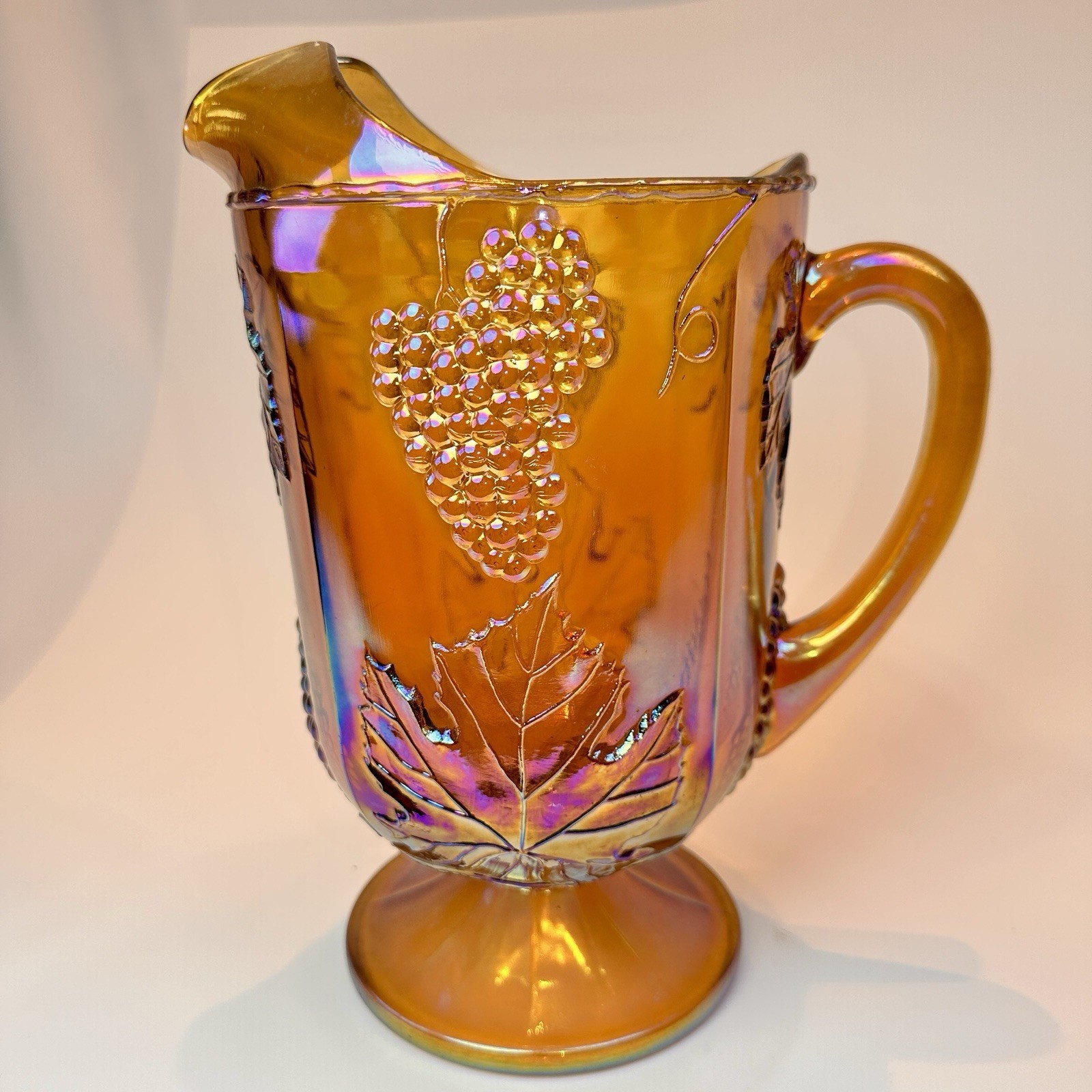 Indiana Glass IRIDESCENT MARIGOLD Harvest Grape CARNIVAL GLASS Footed Pitcher