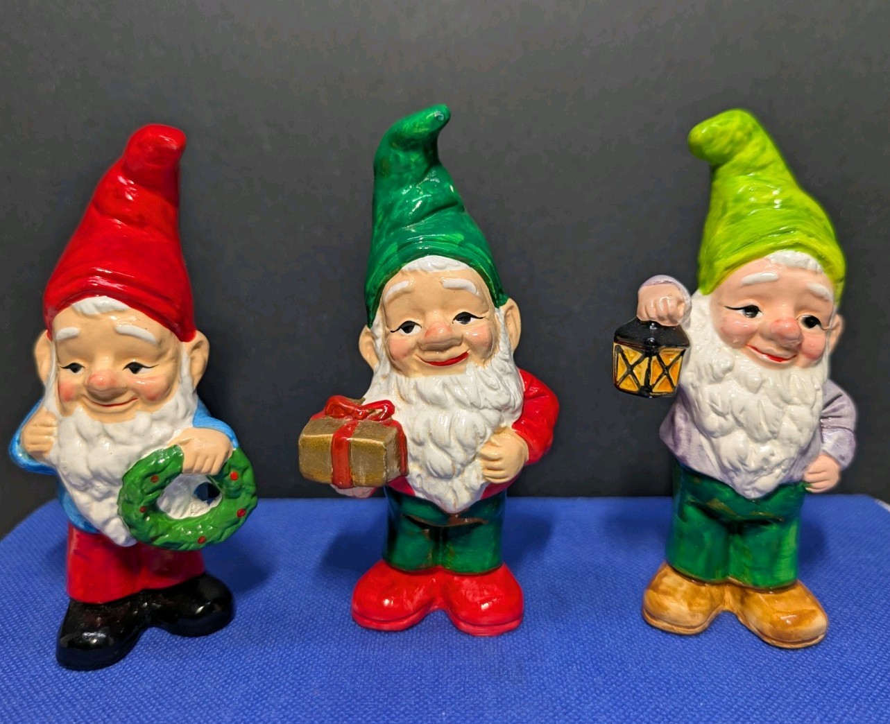 Vintage RB Japan Christmas Elf Gnomes - Lantern, Gift, & Wreath - Set of 3