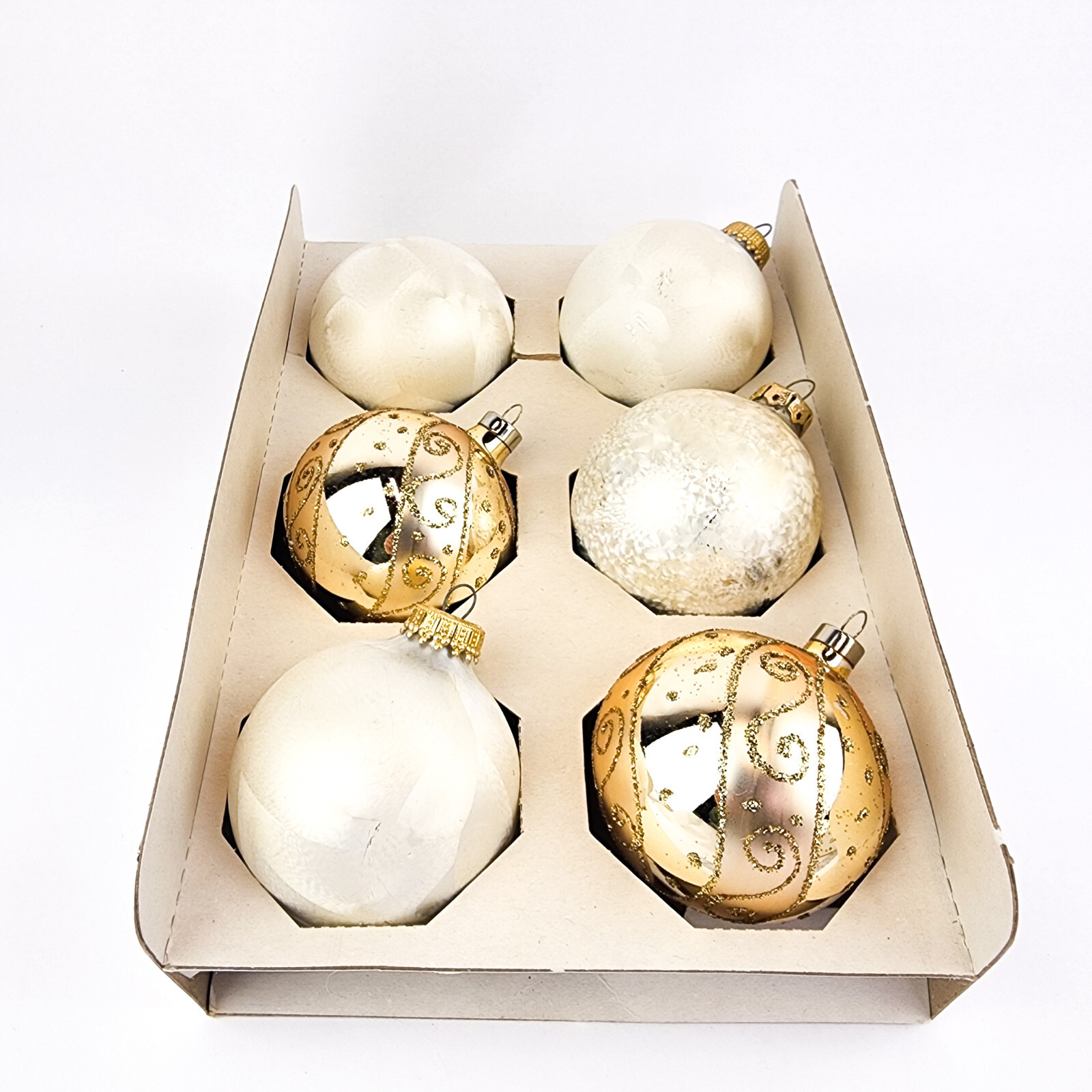 Vintage Christmas Glass Ornaments Balls Gold Glitter and White Lot of 6