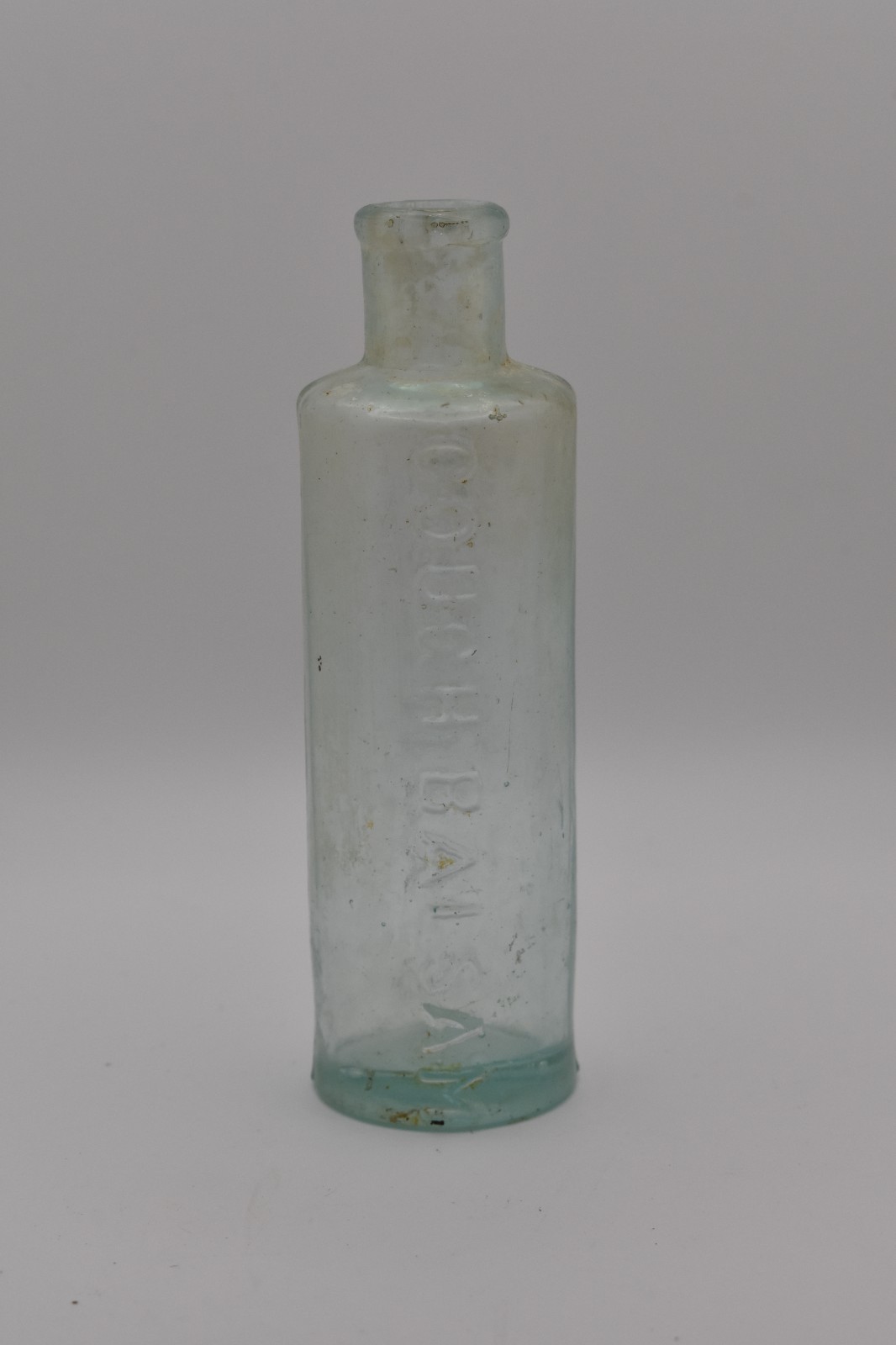 Antique Seabury’s Cough Balsam Bottle 4.5” Aqua Glass Embossed Patent Medicine