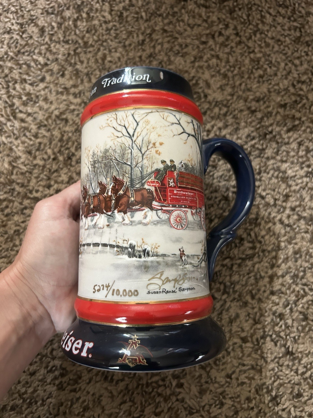 Budweiser 1990 An American Tradiotion Beer Stein 5274/10000 Signed Susan Sampson