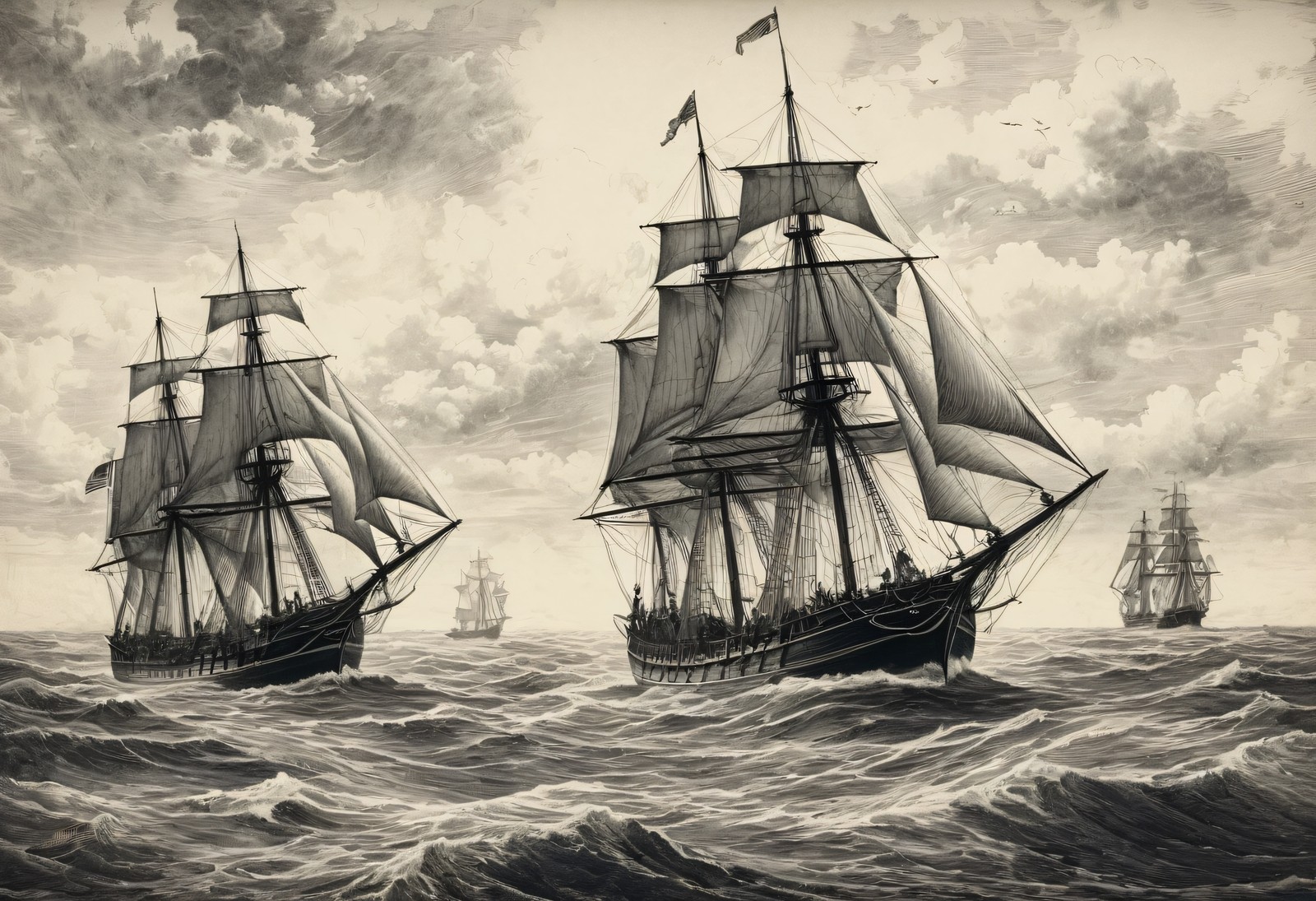 Tall Ships Vintage Engraving Fleet - Nautical Wall Art Print