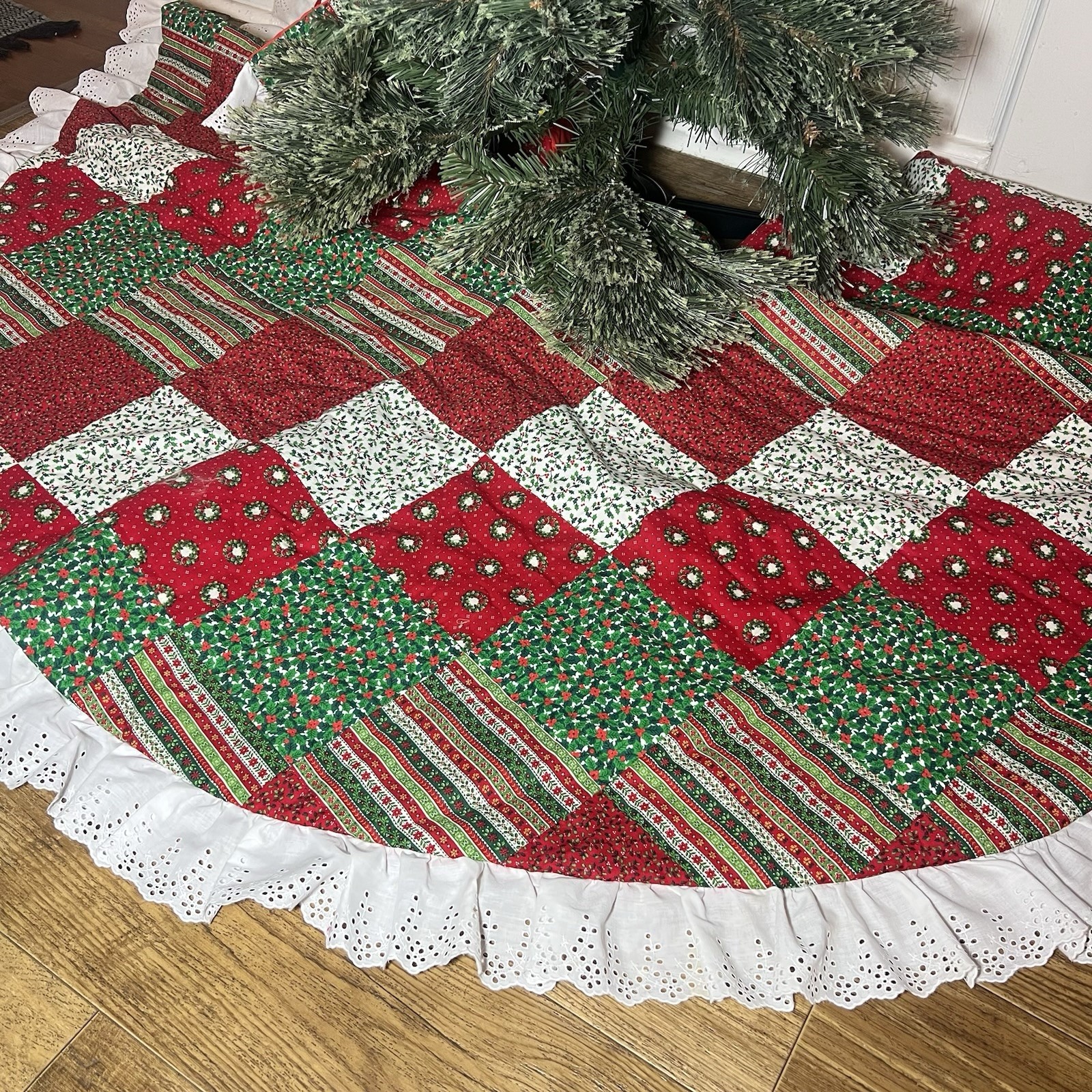 VTG Handmade Quilted Patchwork LARGE Christmas Tree Skirt Cottage Core Grandma