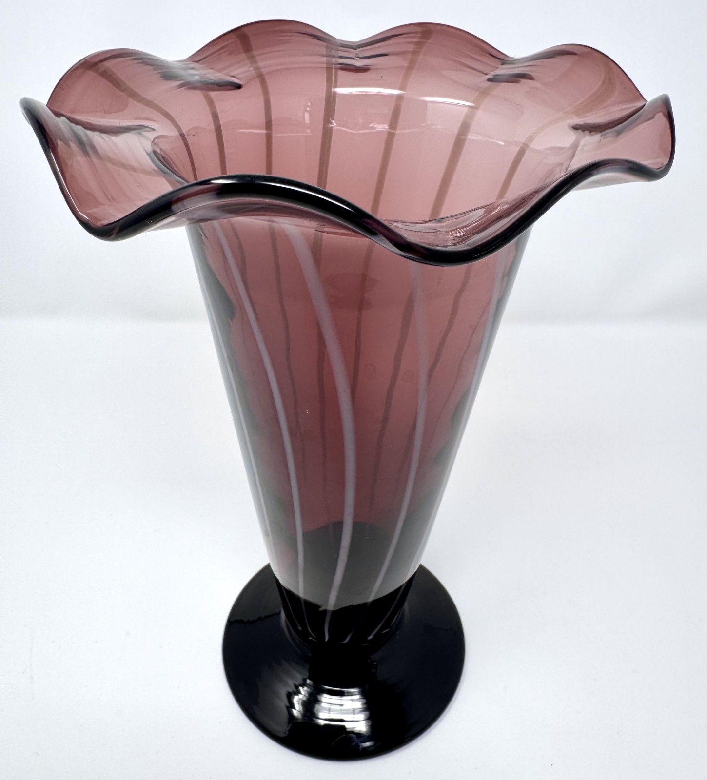 Tall Fenton Glass Amethyst Purple Vase with White Stripes