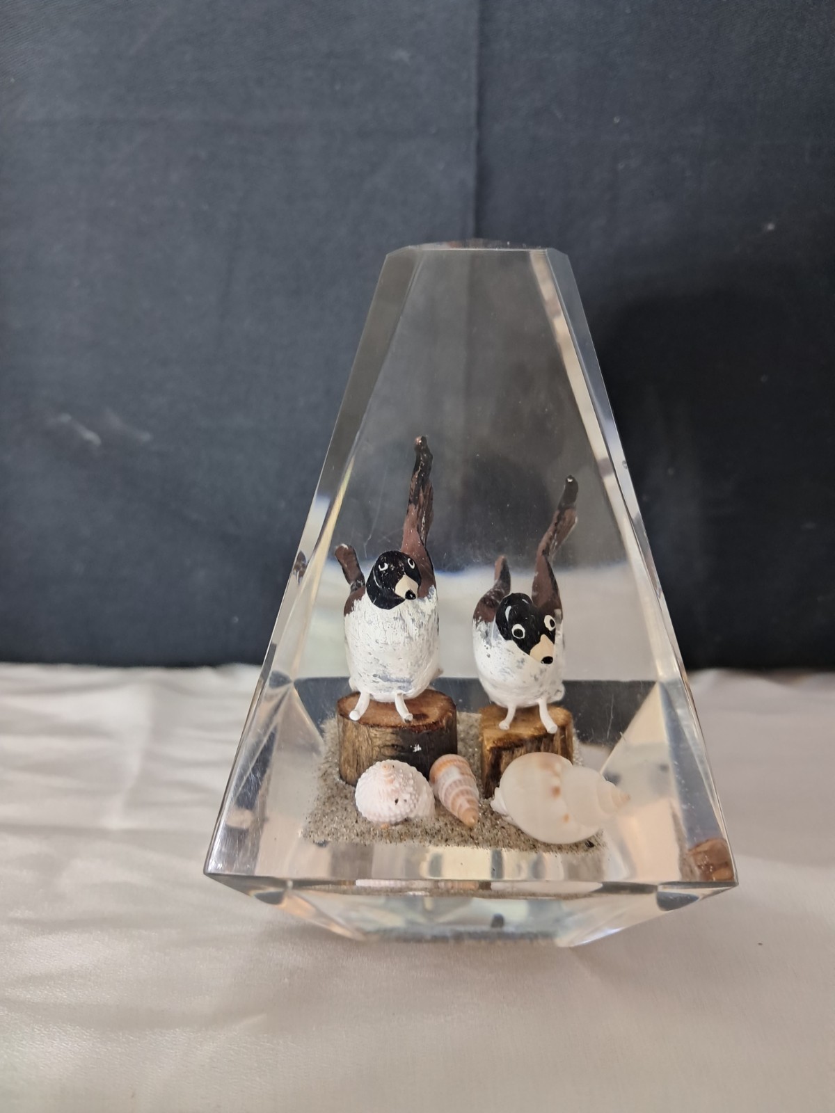 Vintage 1970s Lucite Canada Geese Diorama Paperweight Faceted Prism Mid Century