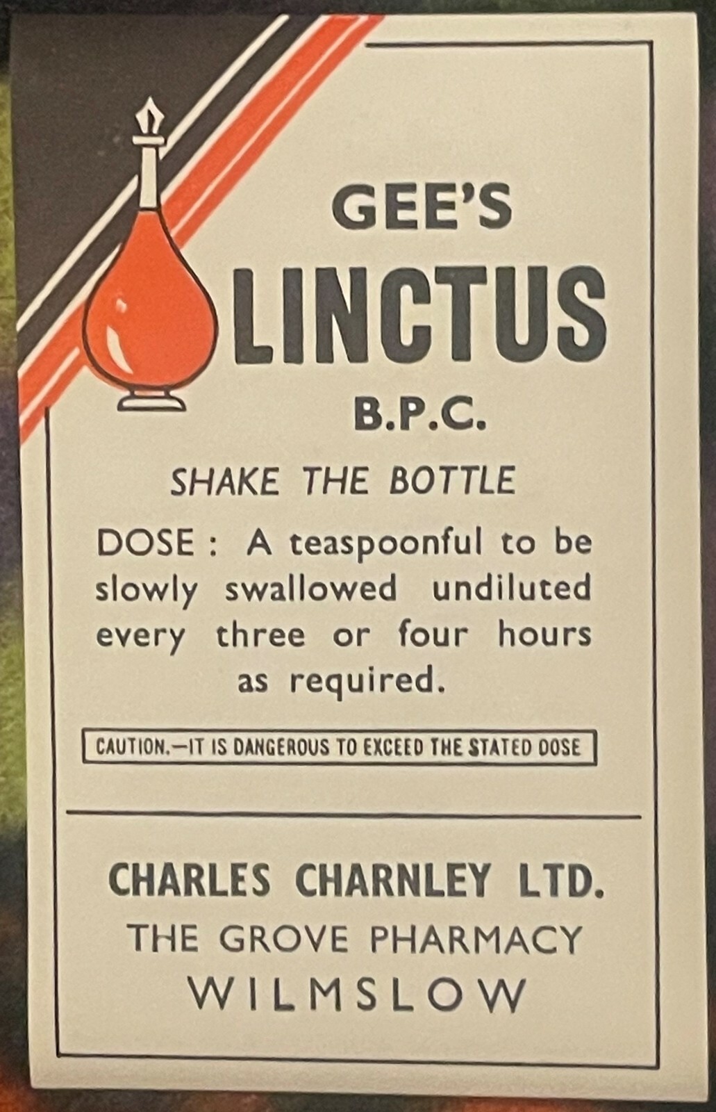 Vintage 1910s-1920s Gee's Linctus 🧪 Charles Charnley Pharmacy Label Wilmslow