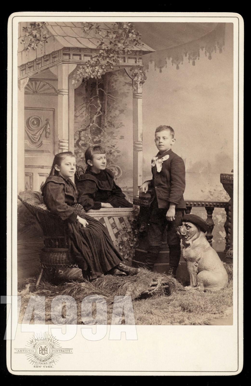 Funny Cabinet Photo NYC Photographer\'s Kids with Dog Statue Wearing Hat Antique
