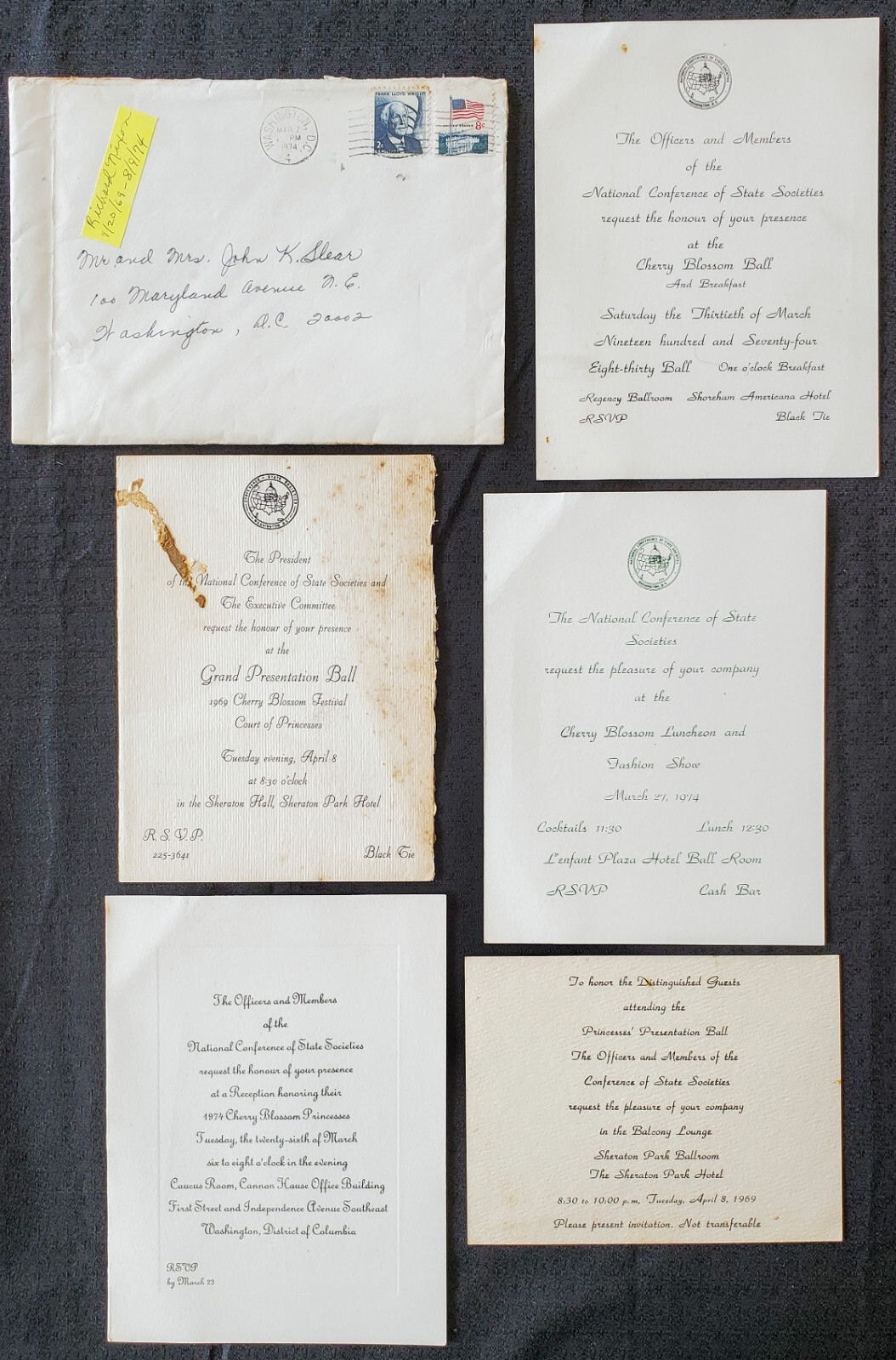 5x 1969 1974 National Conference of State Societies Event Invitations + Envelope