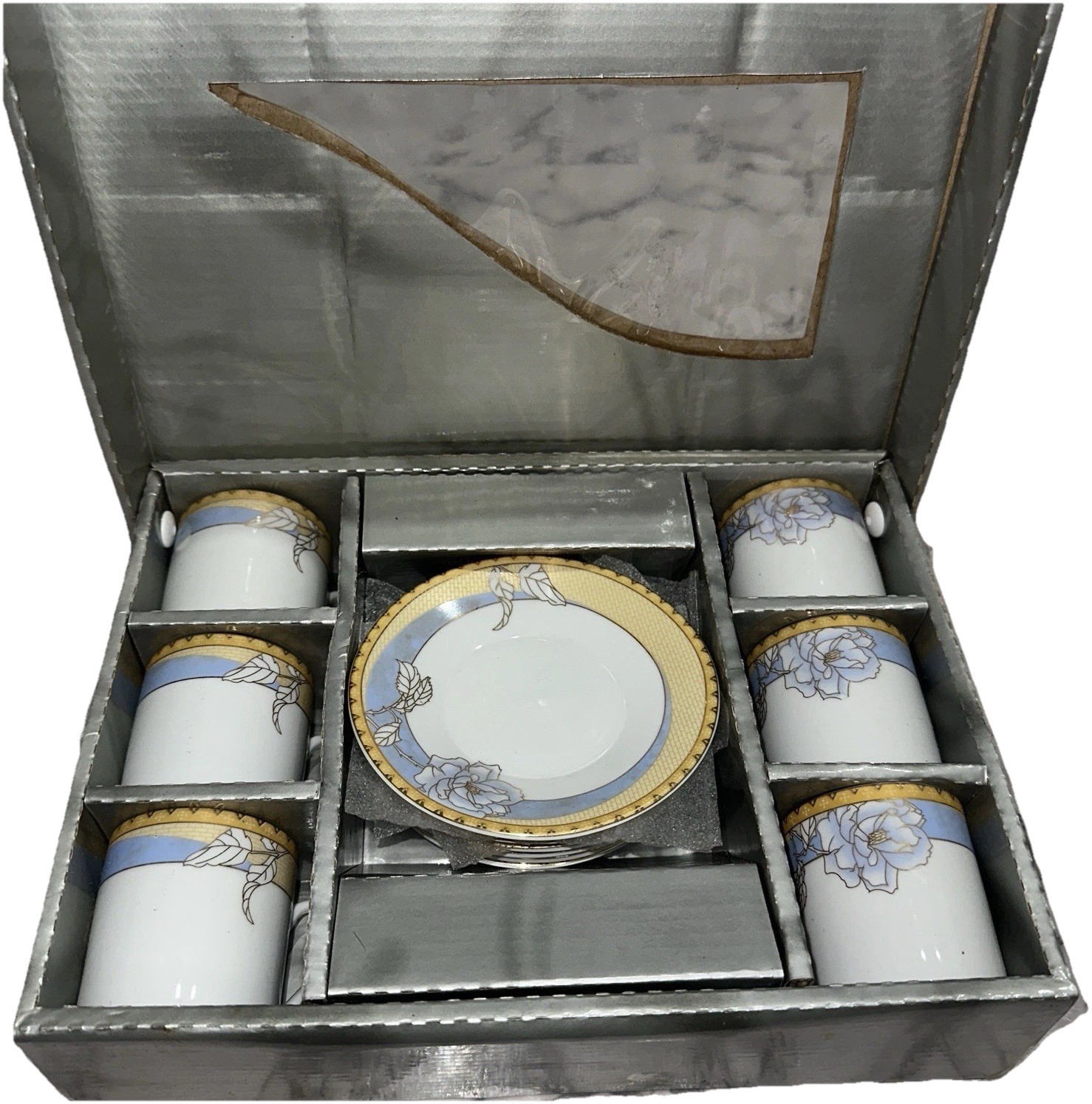 Elegant Floral Cup & Saucer Set White Blue Gold Trim 12Pc Espresso Coffee Cup