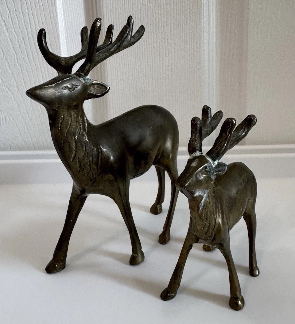 Vtg. Set 2 Metal Deer  Antelope Figurine Sculptures Made in Korea, Brass Patina