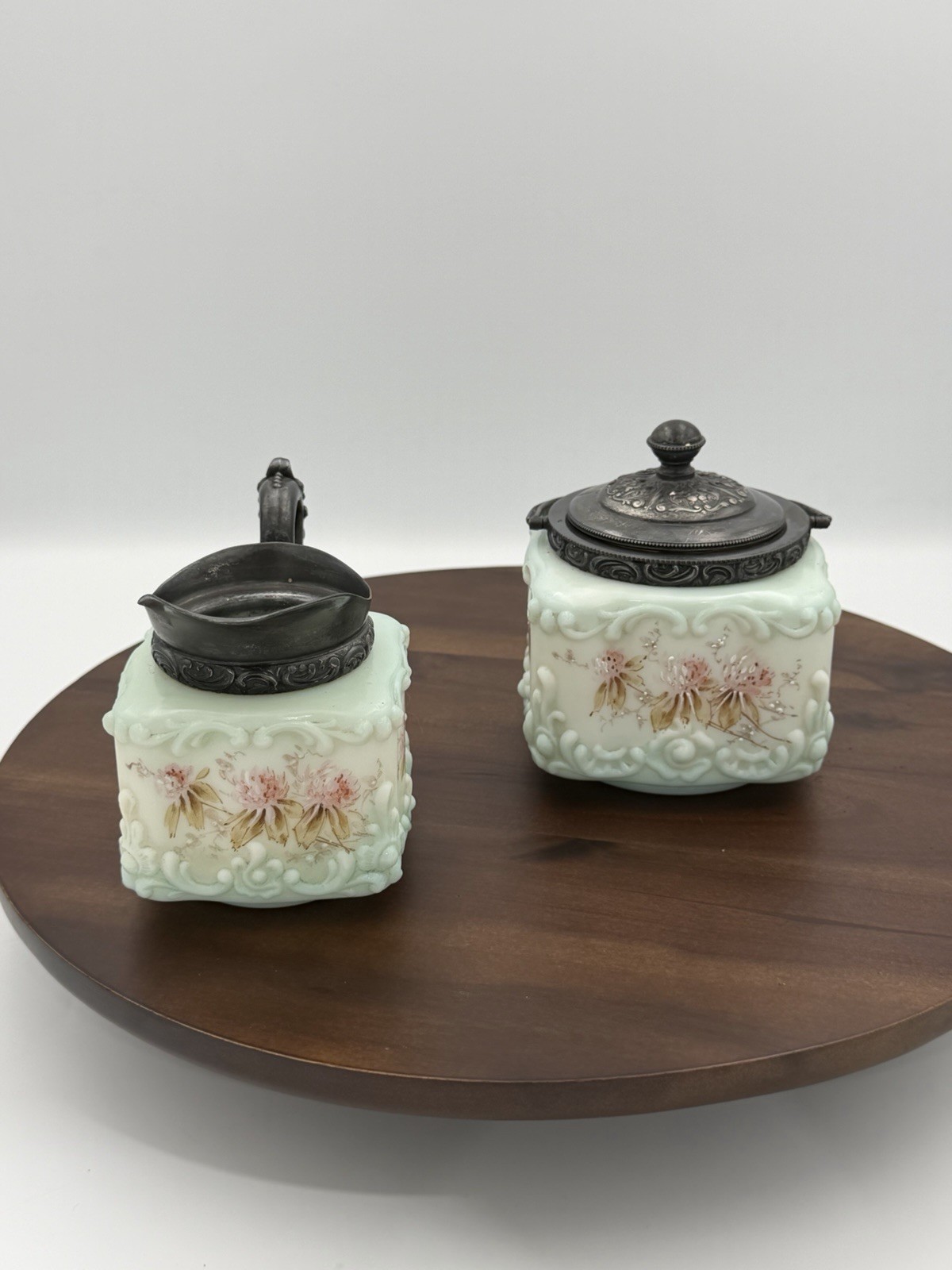 Antique CF Monroe Wave Crest Opalware Sugar Container & Creamer Floral Pattern