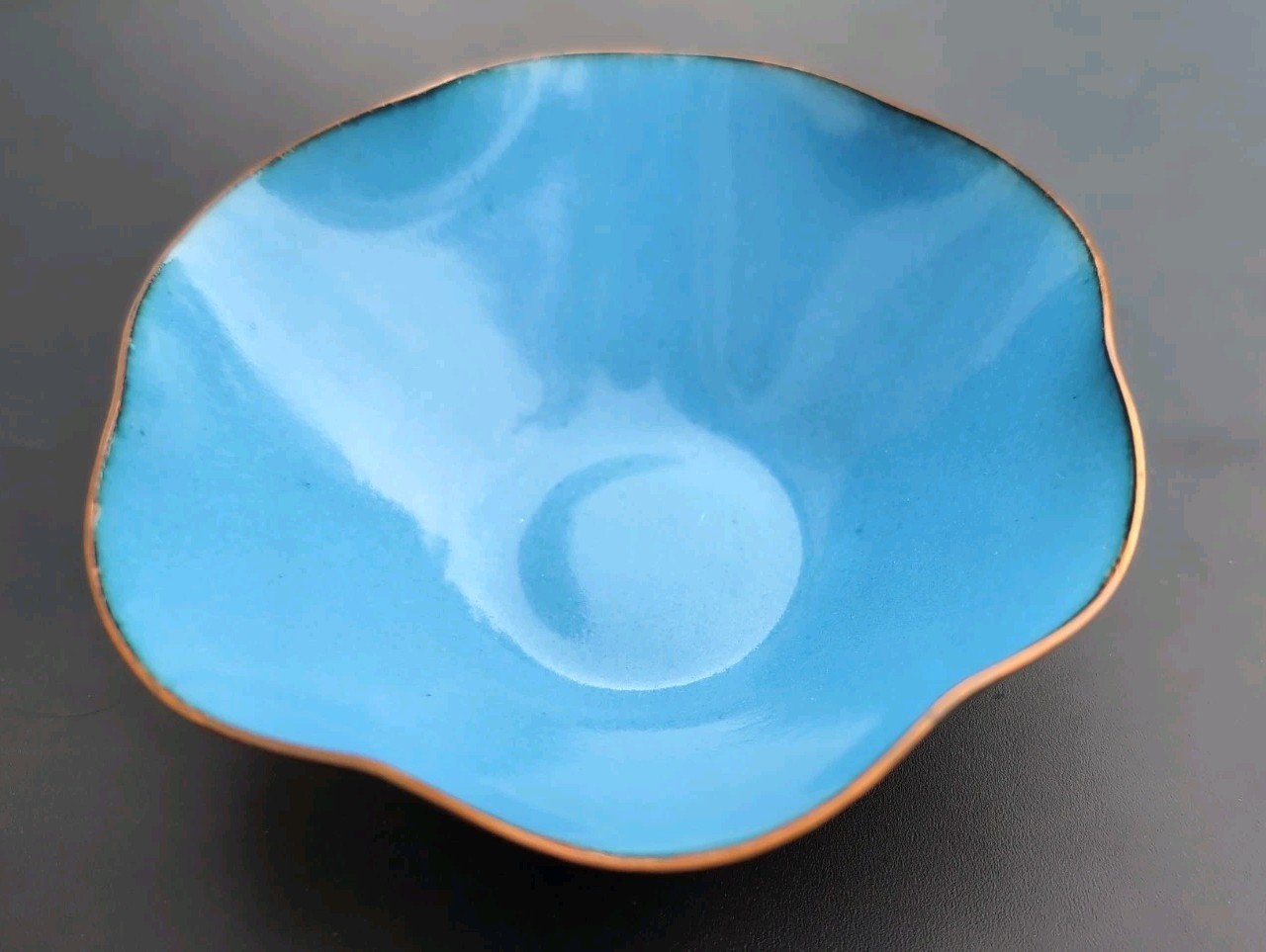 Vintage MCM Leon Statham Signed Copper Enamel Bowl Cornflower Blue 1960-70's