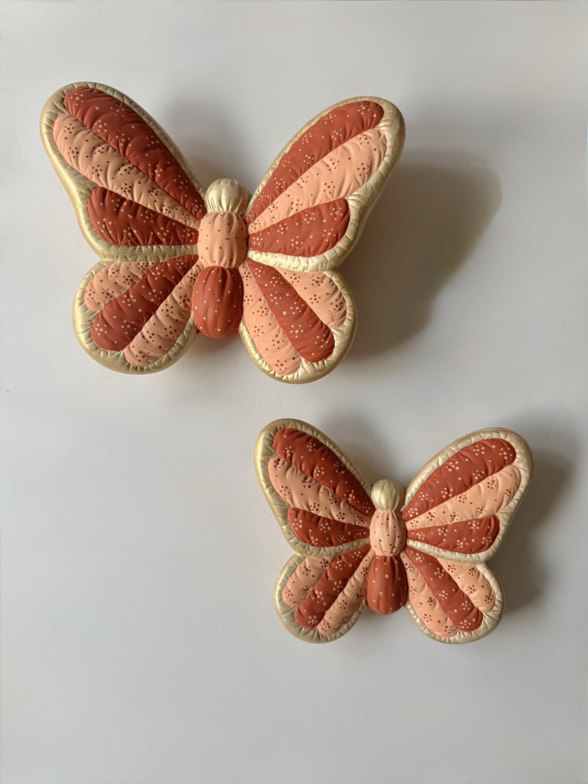 Set of 2 Vintage Retro Hand Painted Ceramic Quilted Look Butterfly Wall Hangings