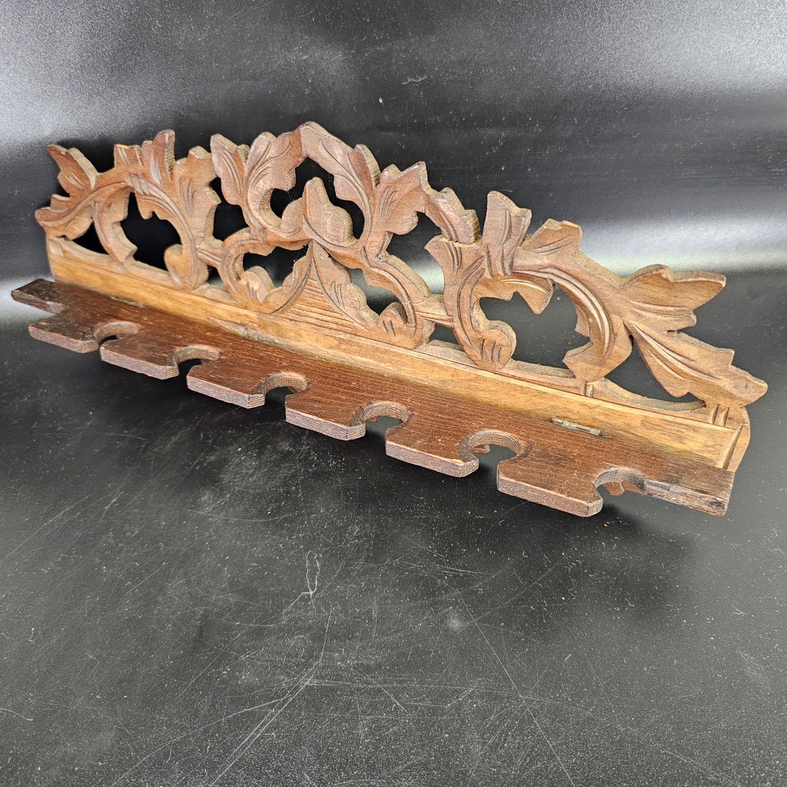 Rare Antique German Black Forest Carved Wood foldable Pipe Rack Wall Mount