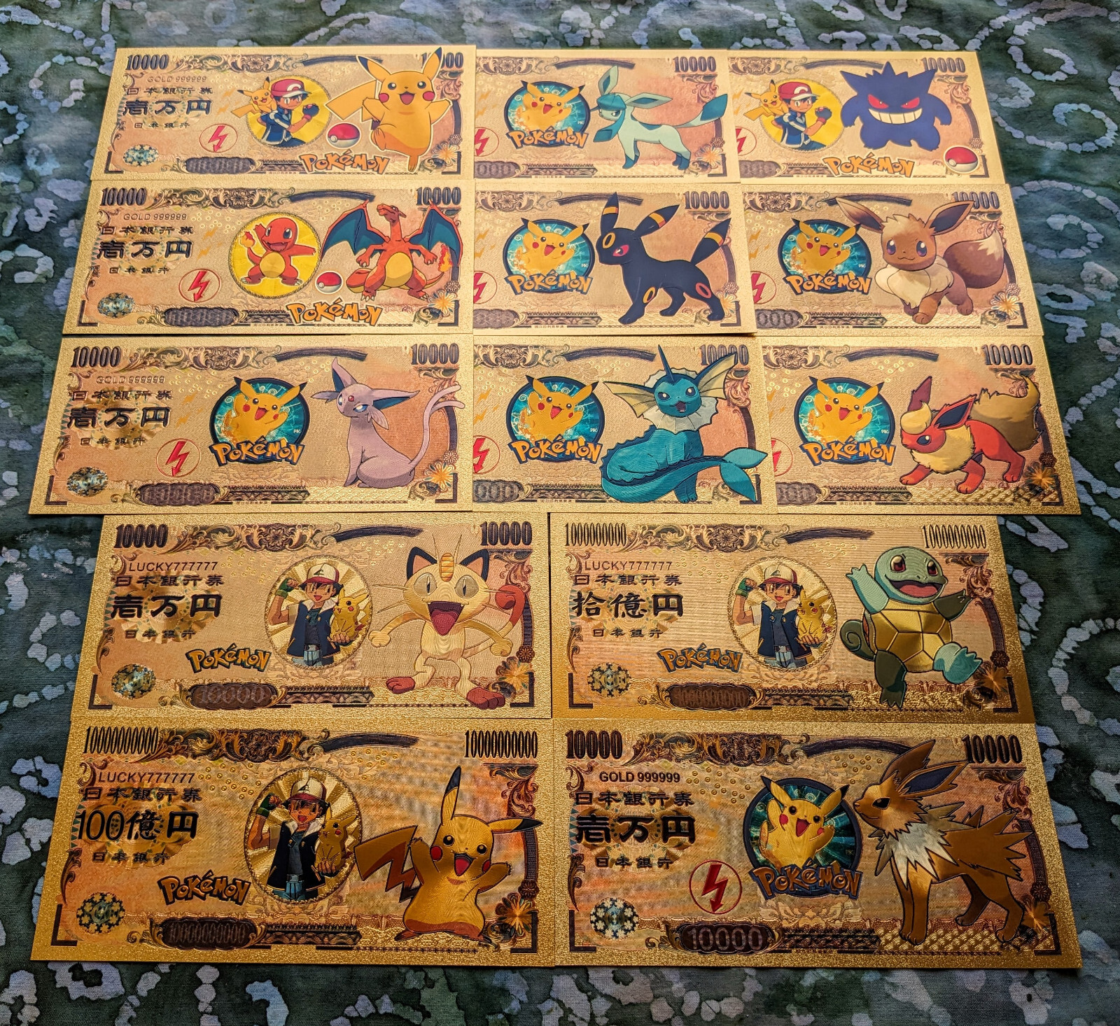 Rare FULL 13 piece Collectable 24k Gold Foil Plated Pokemon Banknote Set Anime