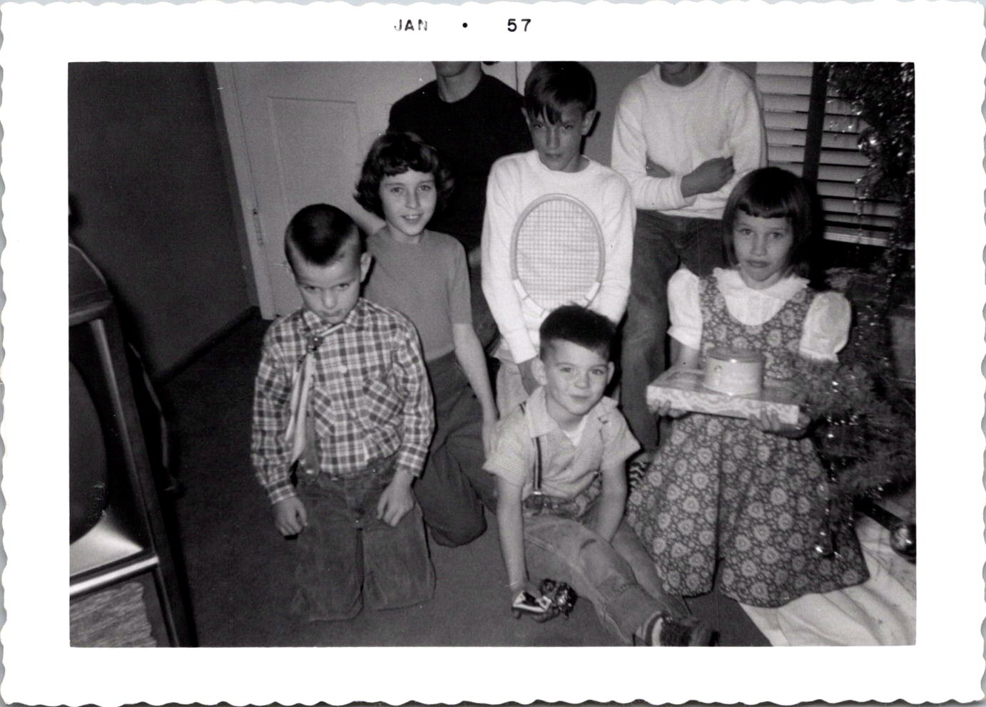 Children with Holiday Gifts in Living Room, 1957 B&W Snapshot Photo