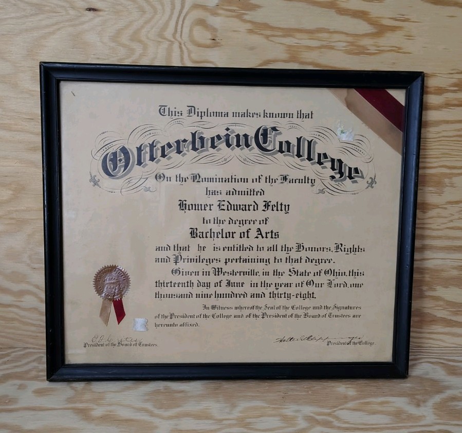 1938 Otterbein College Bachelor of Arts Framed 18\