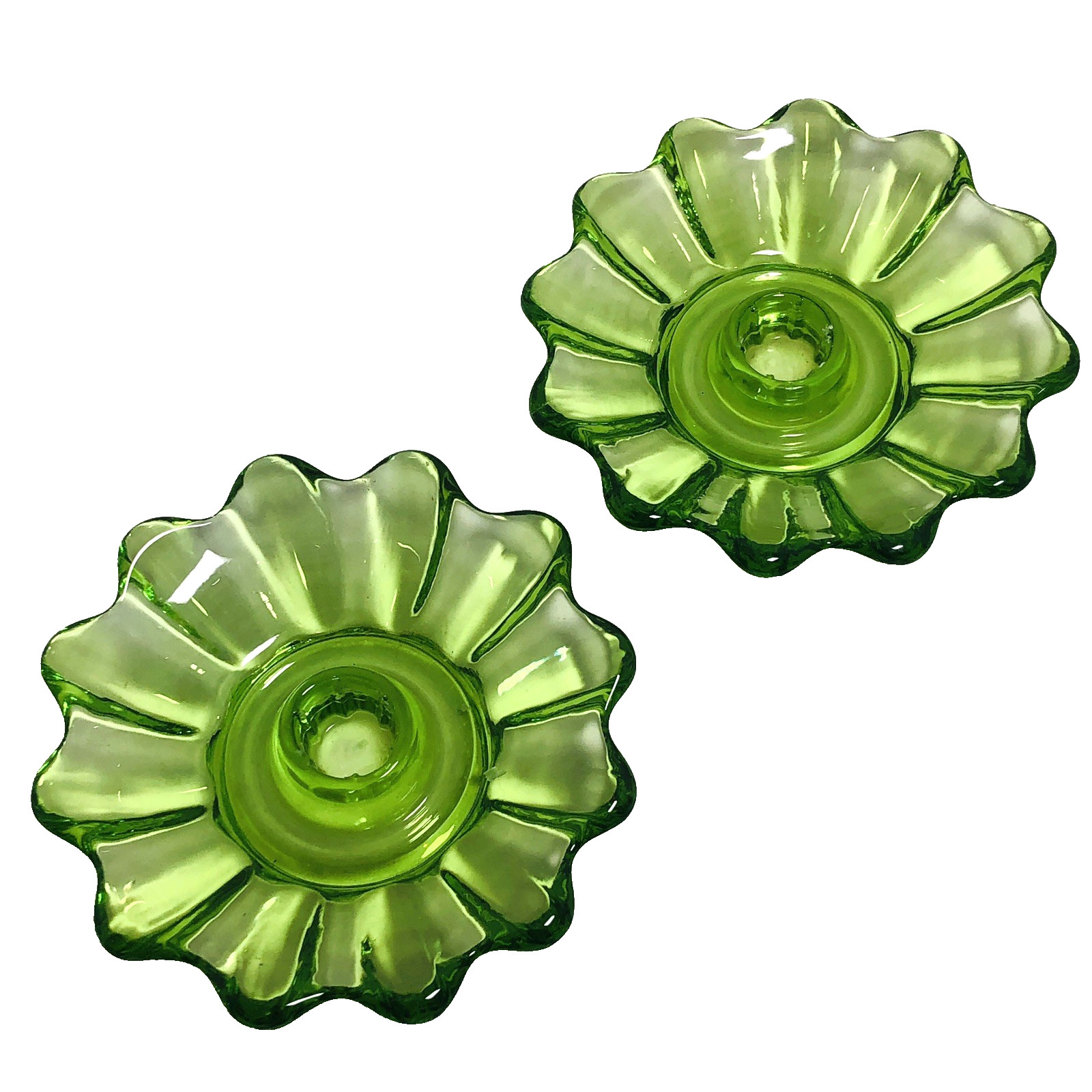 Vintage Green Federal Glass Taper Candleholders (2) Scalloped Design 5\