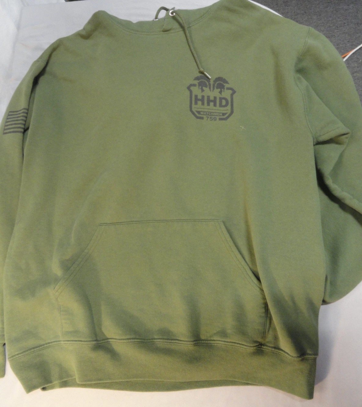 DISCONTINUED ARMY HHD 759TH MP BATTALION WATCHMEN OD GREEN THERMAL HOODIE LARGE