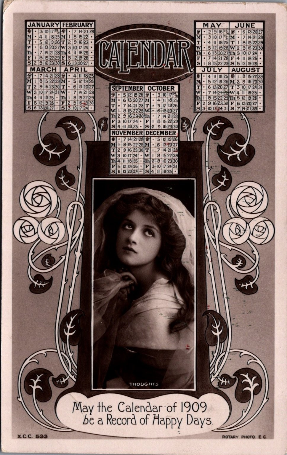 1909 Calendar Postcard Victorian Woman Portrait Rotary Photo E C 1908 Postmark 1909 Calendar Postcard Victorian Woman Portrait Rotary Photo E C 1908 Postmark