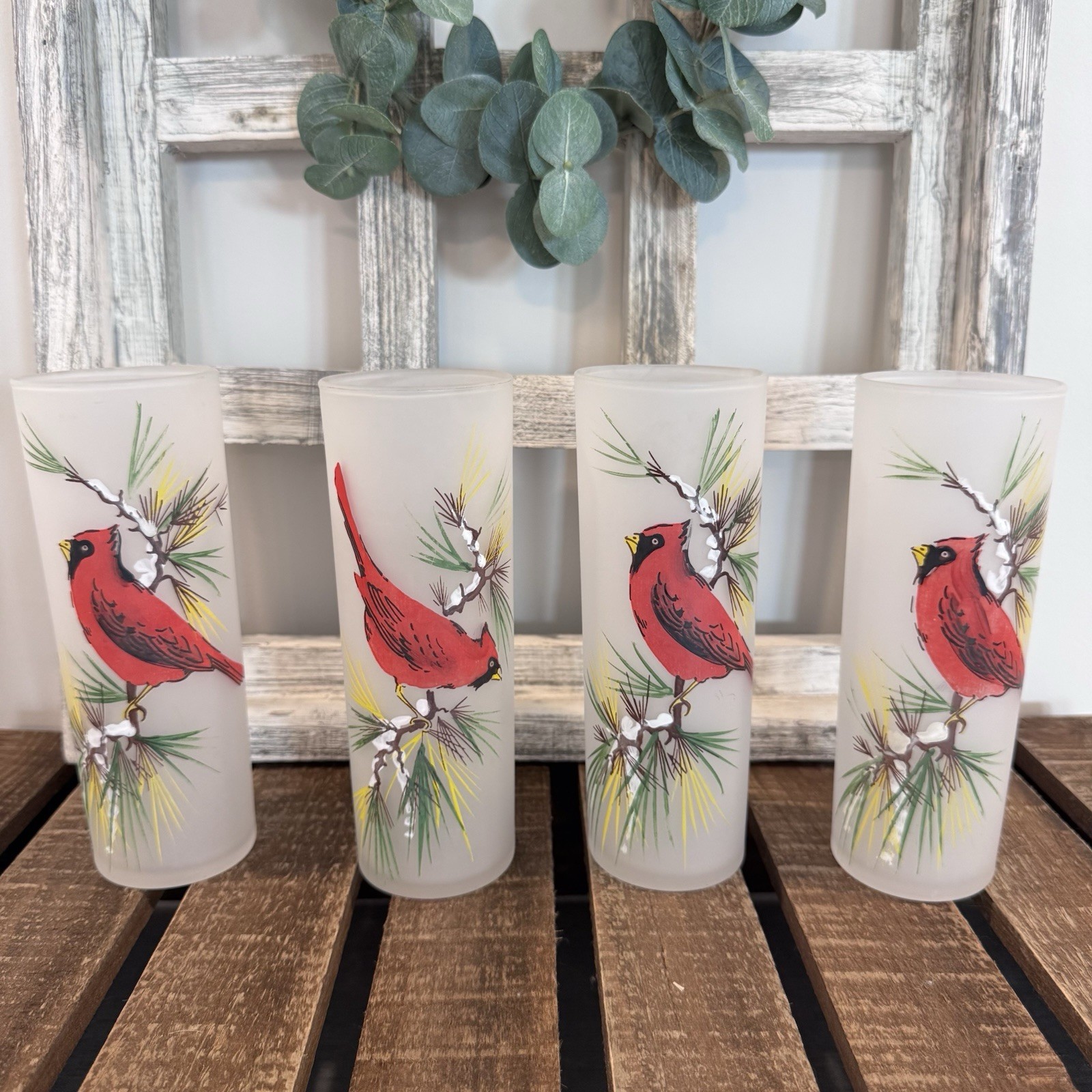 4 Federal Frosted Tom Collins Glasses with Cardinals