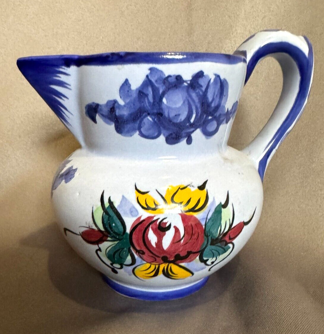 Hand Painted Portugal Pottery Pitcher Creamer Vestal Alcobaga Floral Pattern 548