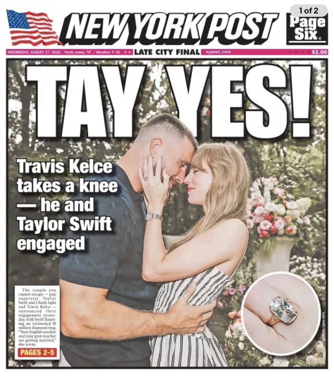 TAYLOR SWIFT Travis Kelce Engaged TAE YES New York Post Newspaper 8/27/2025 Mets
