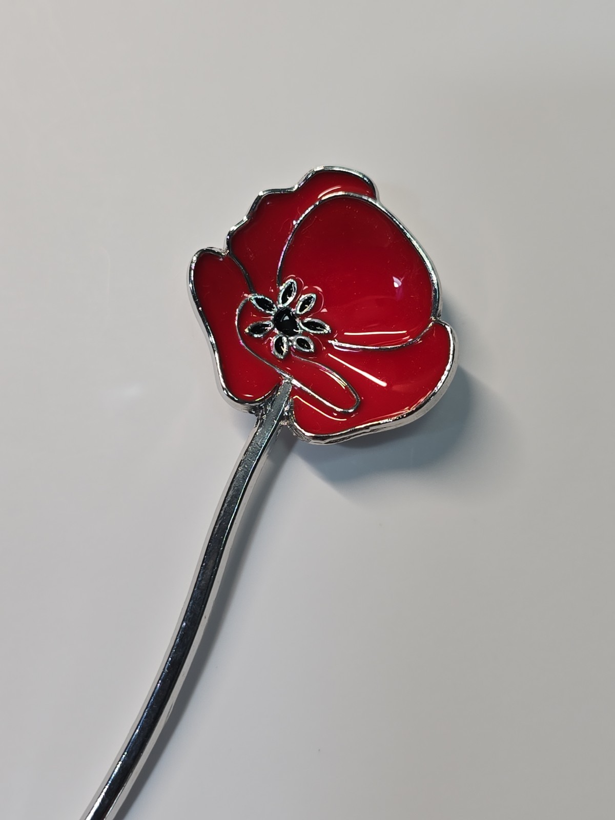 Poppy Flower Blossom Long Stem Veterans Day Lapel Pin Patriotic 