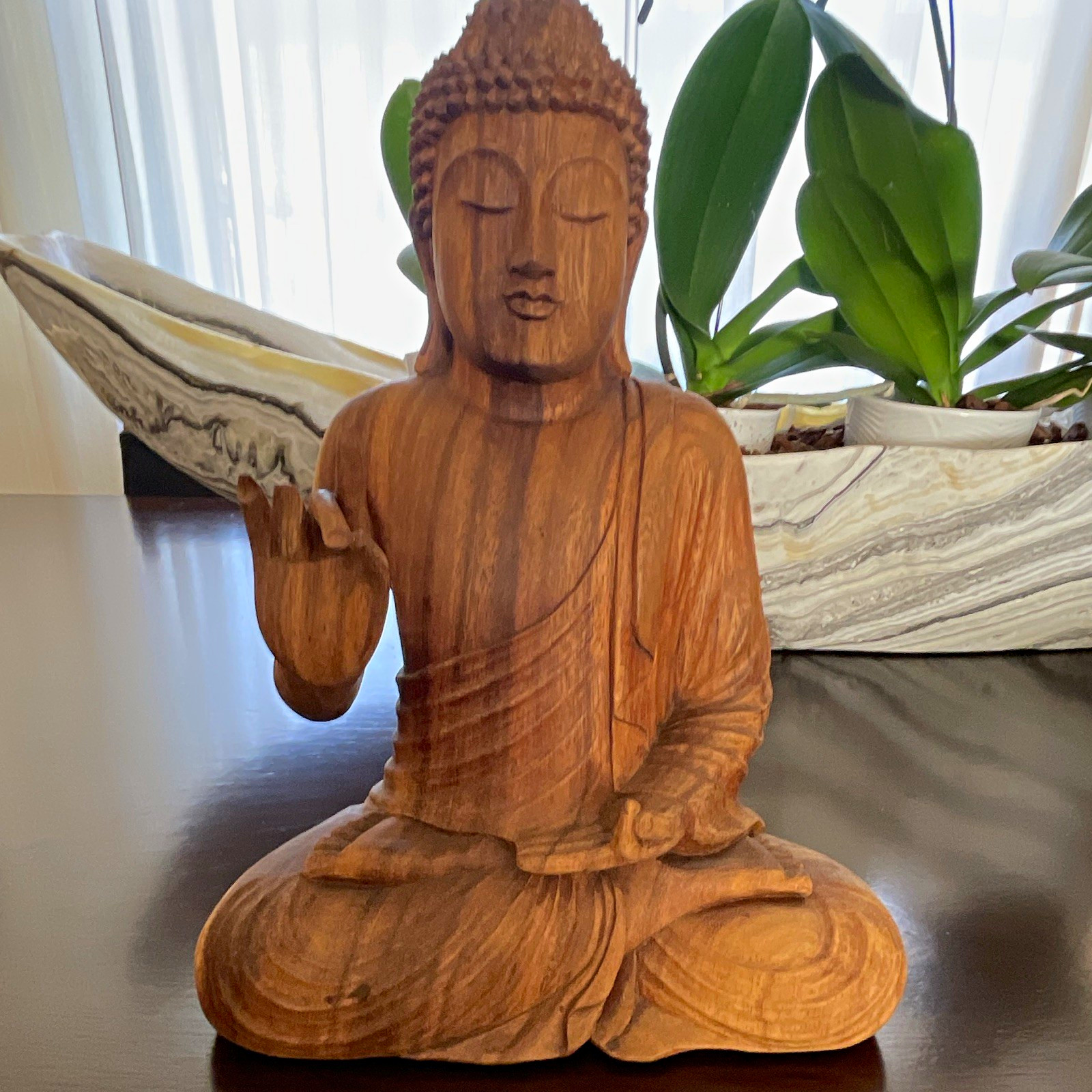 12” Hand Carved Wooden Seated Buddha Statue, Sitting Pose, Purchased In India 12” Hand Carved Wooden Seated Buddha Statue, Sitting Pose, Purchased In India