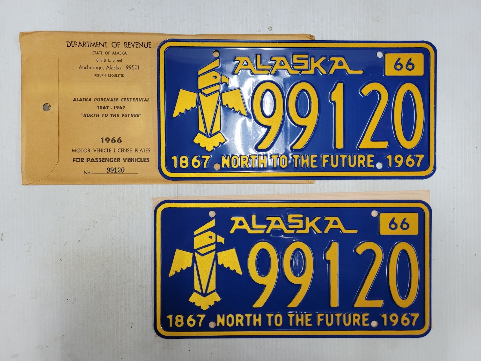 PAIR 1966 1967  Alaska TOTEM POLE  License Plate Tag MINT IN WRAPPER